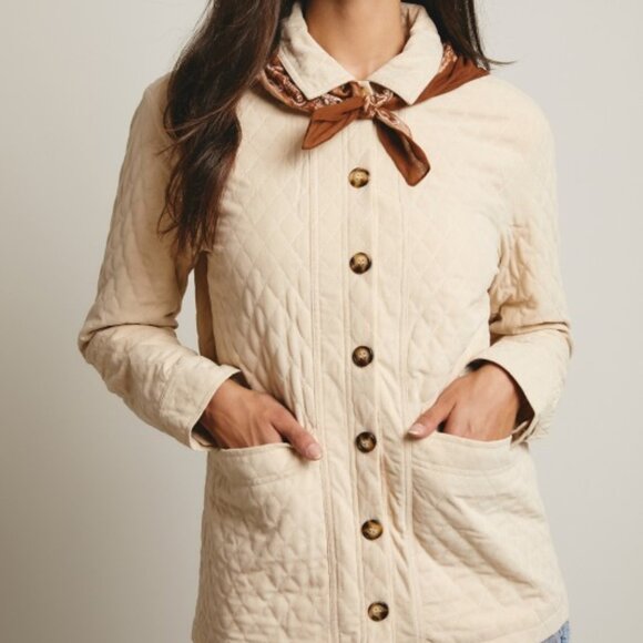 Diamond Quilted Corduroy Button-Up Jacket in Ecru - Picture 5 of 16